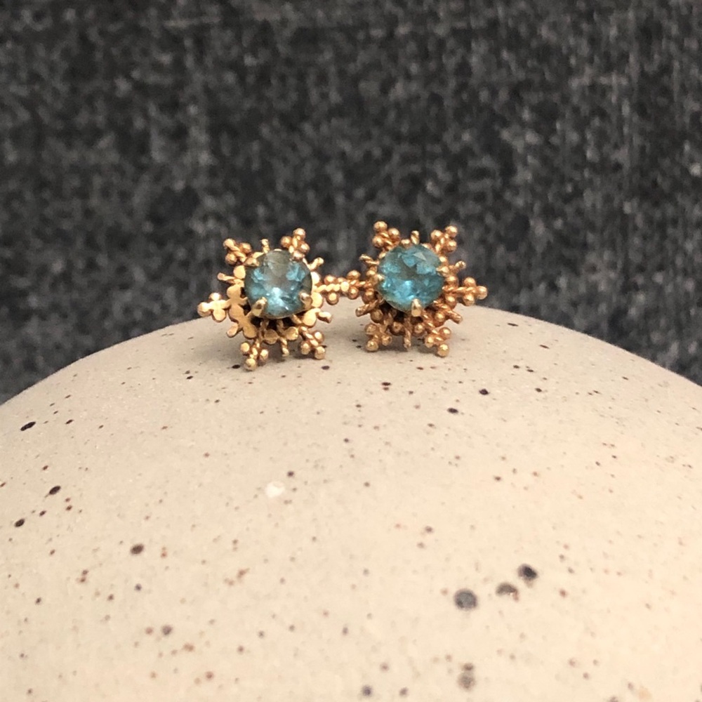 14K gold aquamarine snowflake earrings